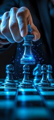 Poster - Glowing chess king piece held above pawns in dramatic blue lighting with magical sparkle effects, symbolizing leadership and strategic power in business concept.