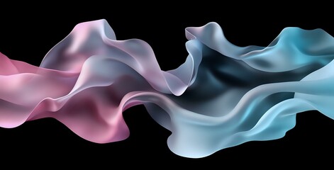 Poster - Flowing abstract pink and blue silk fabric waves creating elegant smooth curves and gentle movement on black background, soft luxury textile design element.