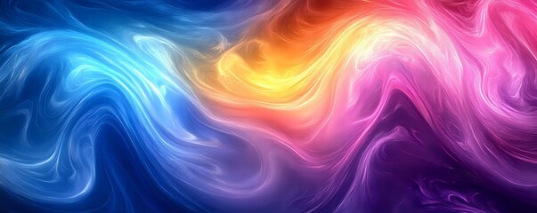 Poster - Abstract colorful smoke waves in blue, yellow, orange and pink colors flowing smoothly on dark background creating dynamic fluid art composition.