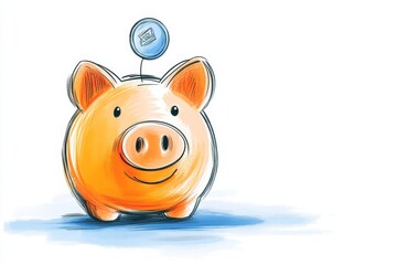 Poster - A minimalist illustration of a piggy bank with a single coin dropping in, symbolizing savings and money management, drawn with clean lines and soft gradients