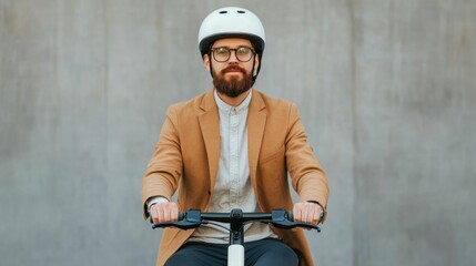 Professional man commuting on electric scooter in dedicated urban bike lane wearing helmet and smart casual office attire showcasing a modern eco friendly