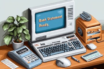 Fototapete - A pixel art representation of an 8-bit financial dashboard with a blinking notification reading 