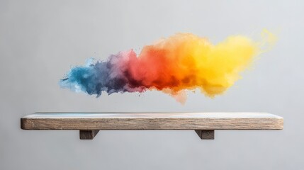 Poster - Colorful Smoke Cloud Above Wooden Shelf Display in Modern Interior Design Concept for Artistic Home Decor