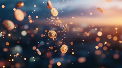 Poster - Golden bitcoin coins floating in air with sparkles and bokeh lights against blurred sunset sky background, cryptocurrency financial concept.