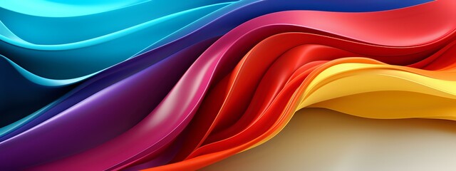 Poster - Vibrant waves of colorful silk fabric flow in smooth curves creating dynamic abstract background with blue, purple, red and yellow gradient layers.