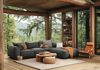 Sticker - Rustic living room with sectional sofa, wooden coffee table, and outdoor views. Dark gray sectional couch with patterned throw pillows, light brown