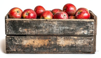 Poster - Close up view of a rustic wooden crate filled with red apples against a plain white background. The apples are vibrant red and appear fresh, nestled