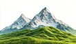 © A4719 - Two snow capped mountains, vibrant green foothills, and a bright white background