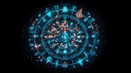 Poster - Mystical holographic symbols forming a dynamic cosmic circle in vibrant turquoise and orange hues