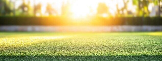 Poster - Closeup view of vibrant green grass with soft sunlight filtering through the foliage in the background creating a serene and peaceful atmosphere. The