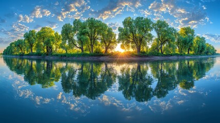 Poster - Panoramic view of a serene lake at sunrise or sunset, with a line of lush green trees on a small island in the middle of the lake. The trees'