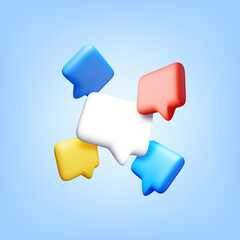 Fototapete - 3D colorful speech bubbles on blue background. Render collection of chat balloon pin. Notification shape mockup. Communication, web, social network media, app button. Realistic vector illustration