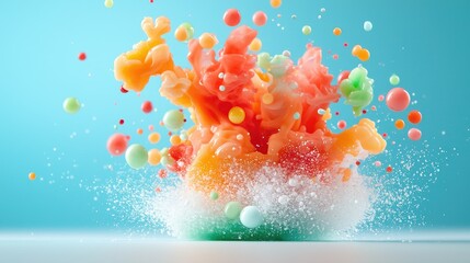 Colorful paint splash explosion, vibrant droplets, blue background, creative advertising