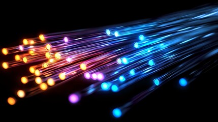 Poster - Glowing fiber optic cables in orange, purple and blue colors against black background create modern technology light trails effect for communication concept.