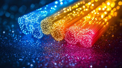 Poster - Colorful fiber optic cables emitting blue, yellow and red light with glowing ends and sparkles against dark background, macro photography for technology concept.