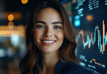 Poster - Young professional woman with bright smile against financial trading screen background showing market data and stock charts for business concept.
