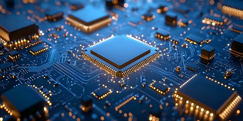 Poster - Glowing microchip on circuit board with blue technological background, central processor unit illuminated in modern computing hardware closeup macro shot.