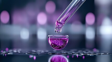 Poster - Dropper with pink liquid over glass container against purple bokeh background, scientific research concept with reflection in water surface.