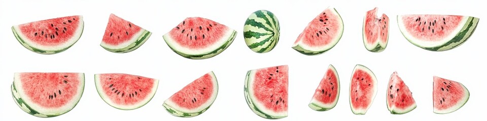 Poster - Multiple watermelon slices against a white background, various shapes and sizes, fresh fruit, colorful, red and green hues, close up, isolated, food