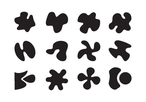 ilhouette shape icons in an abstract and artistic style. Each shape is unique, featuring irregular, fluid, and asymmetric forms alongside classic geometric figures 