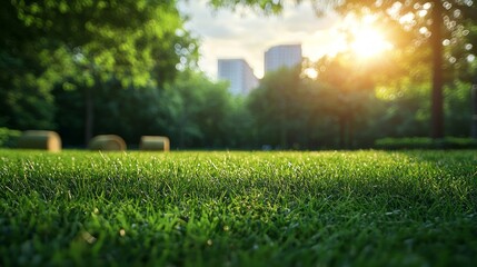 Poster - Golden sunlight bathes the vibrant green grass as it glistens with dew in a serene urban park. The towering buildings create a striking backdrop filled with nature's beauty