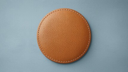 brown circular leather patch mockup template on a blue background.