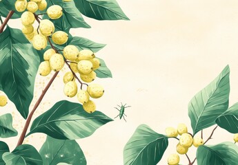 Poster - Pastel yellow berries and green leaves on branches against a light beige background, with a small green grasshopper in the foreground. Digital