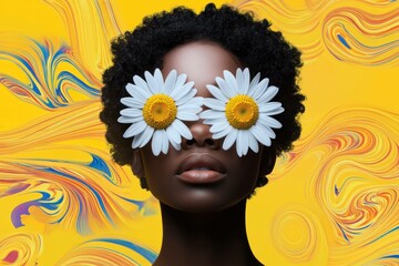 Poster - A woman with natural curly hair wearing flowers as sunglasses against a vibrant yellow abstract background, embodying joy and creativity in a striking imagery