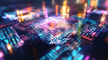 Fototapete - Vibrant digital technology grid with complex patterns glowing in vibrant hues
