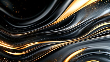 Poster - Elegant black and gold abstract design with flowing curves and shimmering textures