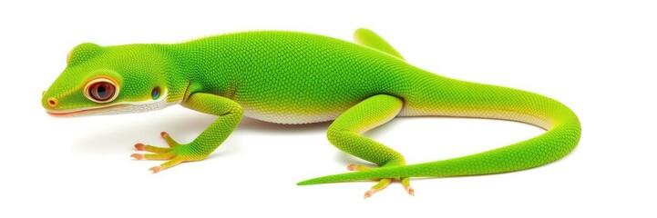 vibrant green gecko lizard isolated on clean white background, detail of scales and texture visible,