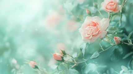 Poster - In a tranquil garden, soft pink roses elegantly grace the lush greenery, illuminated by the warm morning sun, creating a peaceful and romantic atmosphere filled with beauty