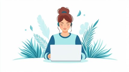 Poster - A young woman with headphones works on a laptop, surrounded by tropical plants, suggesting a modern and relaxed workspace.