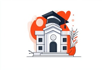 Poster - A clean, minimalist icon of a bank building with a tiny graduation cap on top, representing student banking, drawn in neutral tones