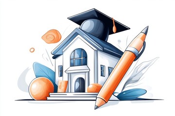 Poster - A clean, minimalist icon of a bank building with a tiny graduation cap on top, representing student banking, drawn in neutral tones