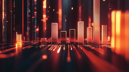 Fototapete - A vibrant abstract representation of data visualization, featuring glowing bars and streaks of light in orange and black, symbolizing digital growth.