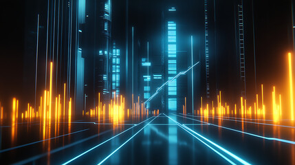 Fototapete - A futuristic digital landscape with glowing blue and orange lines resembling sound waves, creating an immersive techno atmosphere.