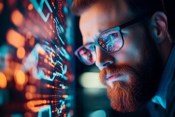 Poster - A cyberpunk investor reviewing secure cryptocurrency holdings on a neon-lit digital screen, surrounded by futuristic financial data
