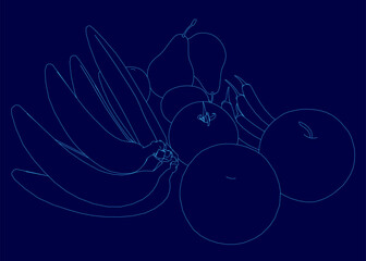 Poster - A drawing of a bunch of bananas, pears, and apples. The bananas are in the foreground and the apples and pears are in the background