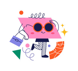 Aufkleber - Girly personage in geometric shape figure. Vector cartoon character, sticker or emoji. Isolated girl wearing skirt and sunglasses, modern and creative mascot or emoticon for social media