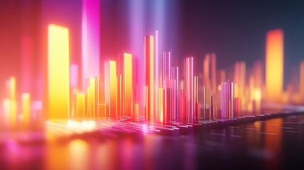 Fototapete - A vibrant, abstract representation of data visualization with glowing bars in colorful hues, illustrating a dynamic digital landscape.