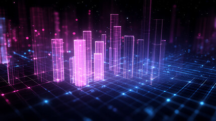 Fototapete - A vibrant digital landscape featuring illuminated bars in shades of pink and blue, representing data visualization and technology.