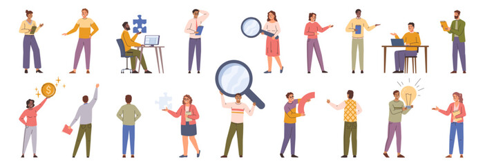 Aufkleber - Office workers set. Vector people researching, giving advice and ideas for growing business. Male and female characters with laptops, diagram parts and magnifying glasses, reports and coins