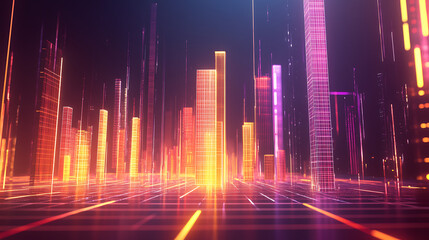 Fototapete - A vibrant, futuristic digital landscape with glowing vertical bars representing data and technology against a dark background.