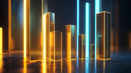 Fototapete - A futuristic scene featuring glowing bars in vibrant colors, representing data visualization or graphical representations in a digital space.