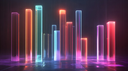 Fototapete - A vibrant display of glowing, colorful bars on a dark background, representing data visualization or digital art.