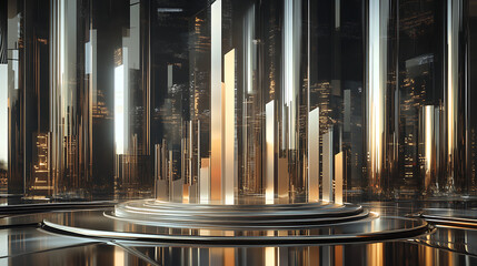 Fototapete - A futuristic setting featuring tall, reflective pillars and a circular platform, illuminated by soft golden light.