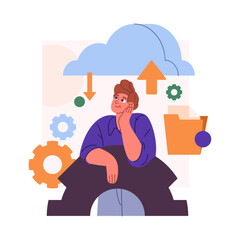 Poster - Cloud computing service for storing information and documents on remote servers. Vector man setting and configuring environment for backup, exchanging files, sending and downloading schedule