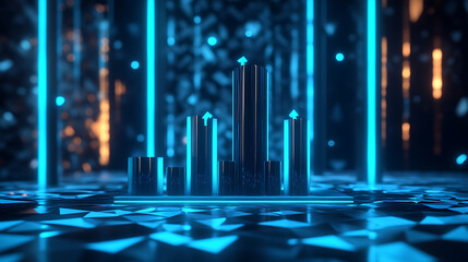 Fototapete - A futuristic digital landscape featuring glowing blue structures against a shimmering backdrop of light and shapes.