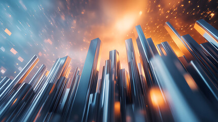 Fototapete - A futuristic cityscape with towering metallic structures set against a vibrant, glowing background of blue and orange hues.